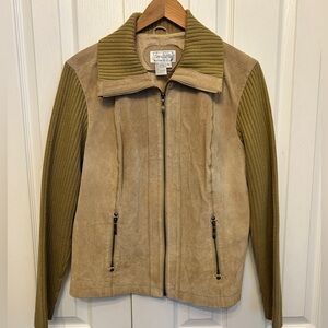 Live a Little Beige Suede Jacket Tan Knit Sleeves Collar Size XL